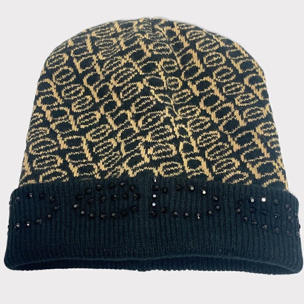BEBE Women's Beanie Hat Gold Black